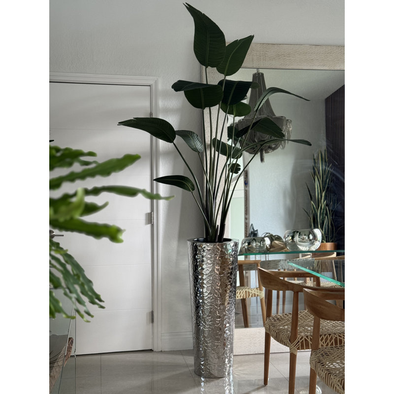 Faux pin en pot de fleurs en métal, Argent, H 90 po x l 40 po x P 24 po