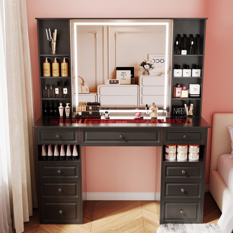 Vanity Desk With Mirror And Lights, Glass Top Dressing Table With 9 Drawers, Makeup Vanity With Storage Bench, European Style Vanity, Adjustable Brightness Vanity For Bedroom(black)