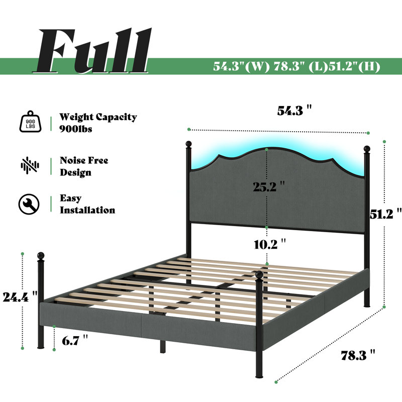 Lark Manor Upholstered Bed Frame With 51.2" Tall Headboard, Metal Four Poster/LED/Easy Assembly, Full / Double, Dark Gray
