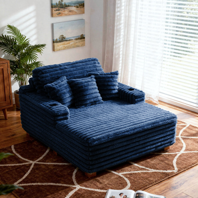 Upholstered Compression Navy Faux Fur Chaise Lounge Sofa Bed Couch with Cup Holder and Throw Pillows, Navy
