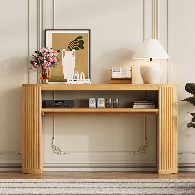 Rustic Console Table with Fluted Legs - Farmhouse Entryway Sofa Table, Vintage Oval Hallway Accent Table with Ash Veneer Top and Glaze Finish, Open Shelf, 3 Distressed Color Options