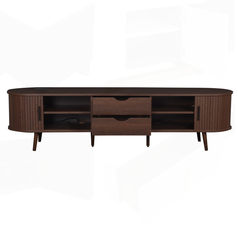 Meuble télé 70 pouces de style Mid-Century avec portes tambour, tiroirs et prise de courant intégrée pour téléviseur de 80 po