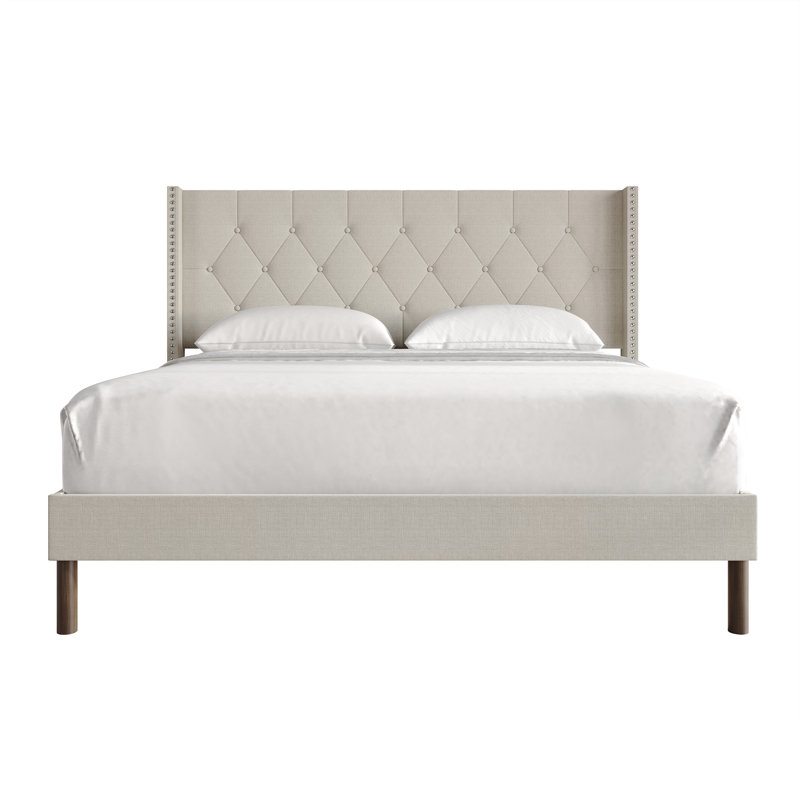 Linen Upholstered Wingback Bed , Full, Warm Gray