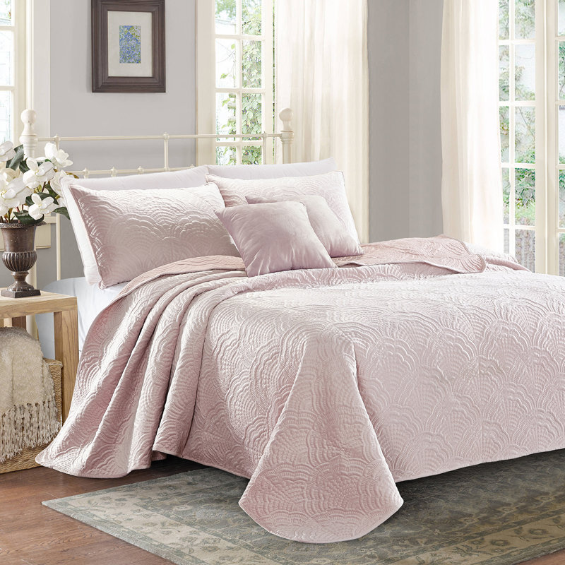 Luxury Coastal Cotton Blend Box Stitch Quilt, Queen Quilt + 2 Standard Shams, Pink/Blush