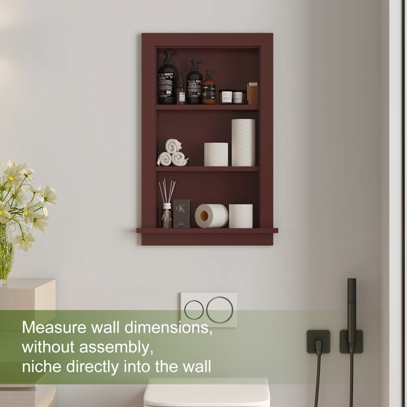17.5"w X 4"d X 26.4"h Wall Niche Double Shelf Wood Recessed Shower Niche Cabinet Rectangle, Brown
