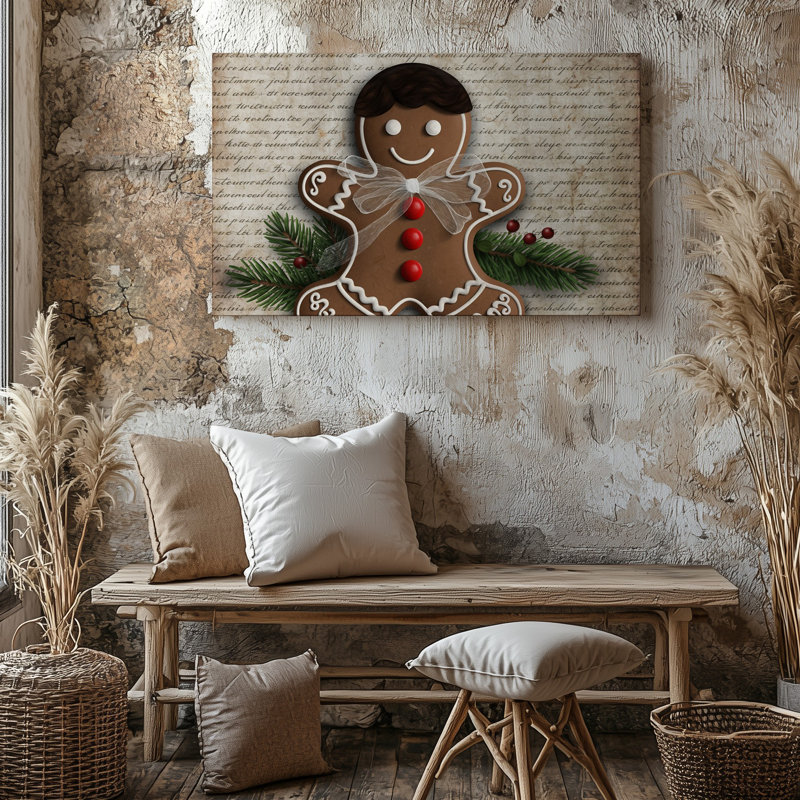 Reproduction d'art sur toile, "Un homme fantaisiste en pain d'épice" orné d'un sourire gai et de boutons de bonbon rouge vif repose sur une toile