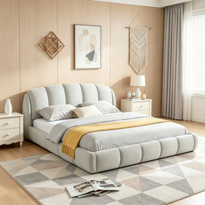 Elegant Chenille Upholstered Platform Bed Frame, Thick Curved Headboard & Wrapped Footboard, Low Profile Floor Bed, No Box Spring Required, Easy Assembly