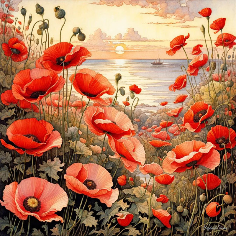 Seaside Poppies - Coastal Sunset, H 20 po x l 20 po