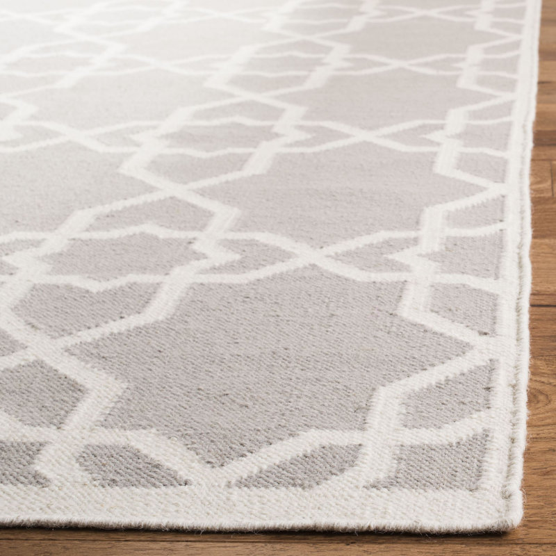 Rodgers Hand Woven Flat Weave Wool/Cotton Geometric Rug in Ivory/Gray, Rectangle 9' x 12'