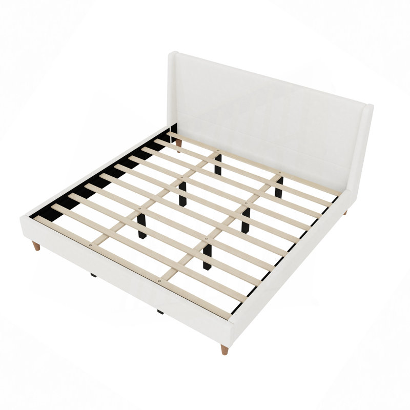 Lit plateforme tapissier moderne avec tête de lit à oreilles et pieds en bois de noyer Modern, Queen, Ivory