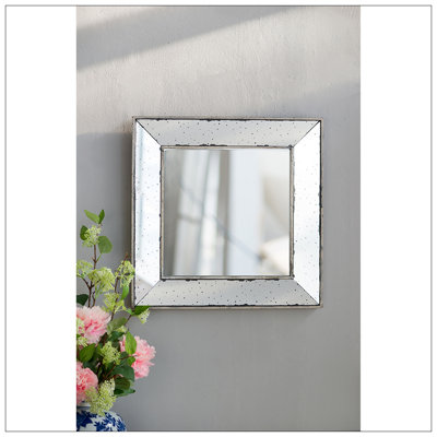 Distressed Silver Square Accent Mirror, Traditional Style Framed Wall Mirror For Living Room, Entryway, Office, Bedroom, Hallway