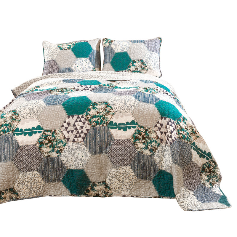 Briley Cotton Reversible 3 Piece Quilt Set, King Quilt + 2 King Shams, Turquoise