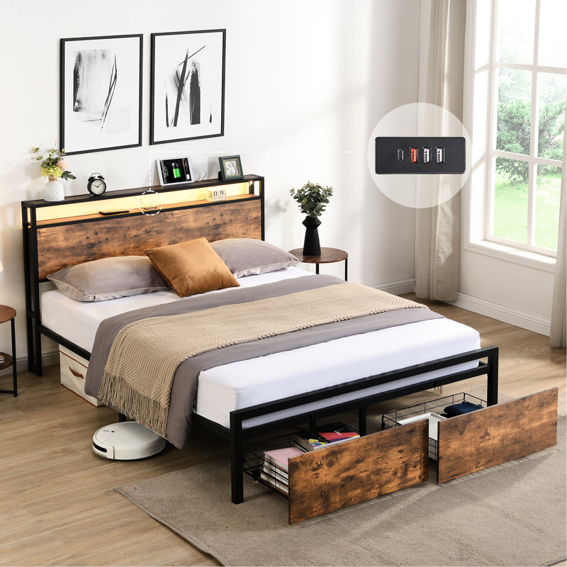 Pas besoin de sommier tapissier - Lit double avec lumières à DEL, tête de lit avec rangement, 2 tiroirs, structure en métal, noir et brun avec ressort et tablette, robuste