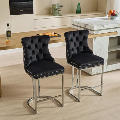 Modern Velvet Barstools With Button BackRivet Trim Upholstered Kitchen Island Chairs