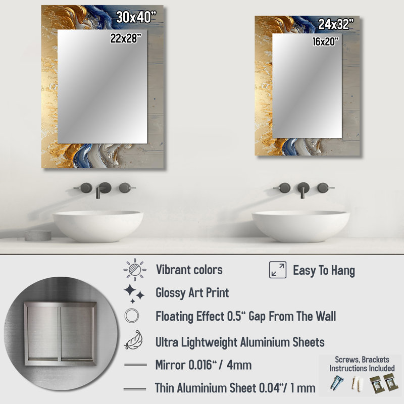 «Rhythmic Golden Ink Waves Fusion I - Maze», miroir mural décoratif, art doré, impression sur métal, 32 po x 24 po