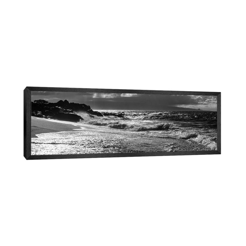 Black And White Landscape With Beach And Waves In Sea, Maui, Hawaii Islands, USA - Panoramic Print on Canvas