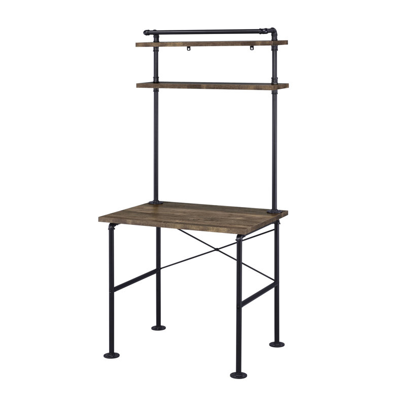 Bureau d'écriture de style rustique avec 2 tablettes et 2 conduites d'eau en chêne noir