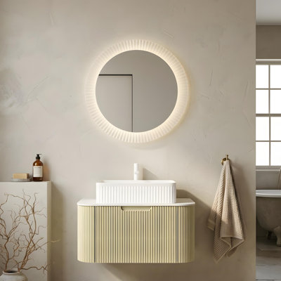 Armoire de salle de bain rayée avec tiroirs et lavabo rectangulaire en céramique blanche