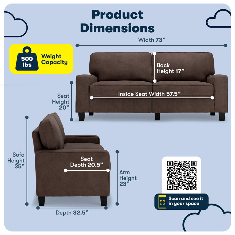 Serta Palisades 73" Track Arm Sofa, Easy Care Fabric, Soft Pillow Back, Pocket Coil Seat Cushions, Dark Brown Microsuede