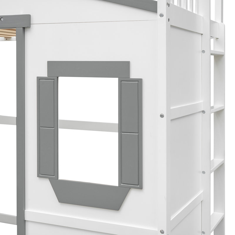 Lit mezzanine simple avec échelle - blanc + cadre gris, Blanc / Gris