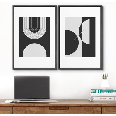 Mid Century Modern Boho Black And White Semi Circle Arches Abstract Shapes  Minimalist On Canvas 2 Pieces Print