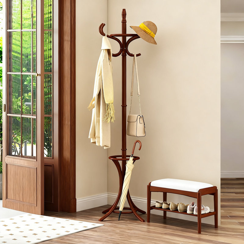 Coat Rack Freestanding, Wooden Coat Tree with 12 Hooks and Umbrella Stand, Entryway Hall Tree, Hat Hanger Organizer, Coat Rack Stand for Coats, Hats, Scarves, Easy Assembly, (Reddish Brown)