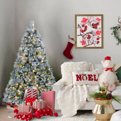 Arbre de Noël enneigé 4 pi avec aiguilles de pin et feuilles d'eucalyptus, 150 lumières DEL blanc chaud, 404 pointes, branches articulées, base en métal