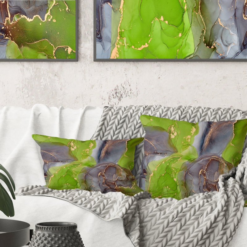 Vert et mauve, luxe, abstrait, art fluide II - coussin décoratif imprimé moderne, 16 po x 16 po
