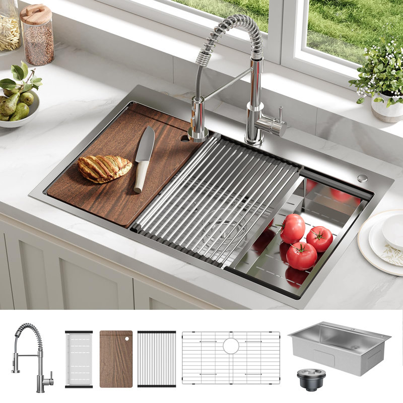 33 x 22 x 9 Inch Drop-In Kitchen Sink, Single Bowl Topmount w/ Pull-Out Faucet, Cutting Board, Dish/Drying Rack, Silver