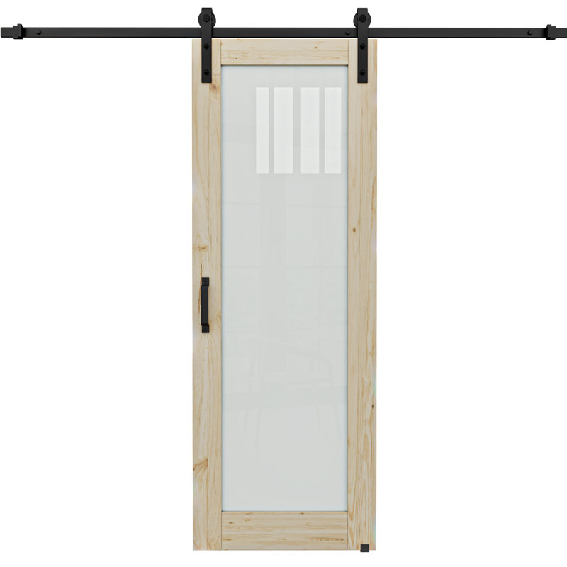 Porte de grange coulissante en bois de pin massif 80 po en verre givré avec quincaillerie d'installation (aucun assemblage requis)