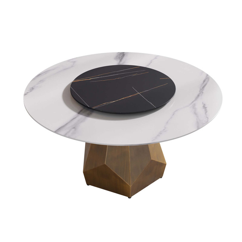 Table de salle à manger ronde en marbre artificiel avec plateau tournant en pierre artificielle et base en métal (table de salle à manger seulement)