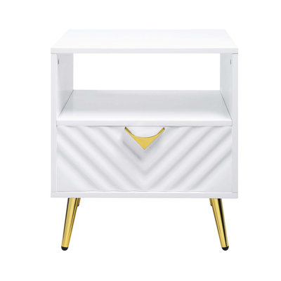 End Table With 1 Storage Drawer And Metal Legs, White High Gloss