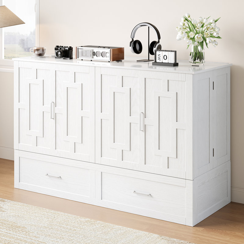Lark Manor Queen Murphy Bed with Folding Mattress – Solid Wood Cabinet Bed with USB Charging Station & Storage Drawers for Studio, Home Office or Guest Room