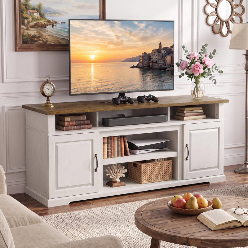 Meuble télé Farmhouse pour téléviseur de 85 po ou moins avec armoires de rangement, tablettes réglables et prises de courant intégrées, centre de divertissement pour le salon