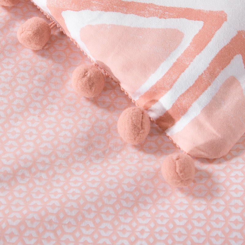 Ensemble de housse de couette réversible en satin de coton avec garniture à pompons , Rose