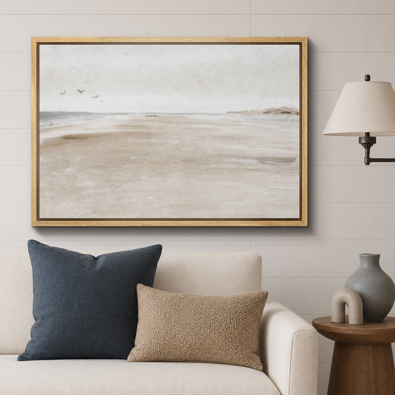 Minimal Landscape "Coastal Sandy Beach Seascape Artwork, Abstract Minimalist Neutral Decor Wall Pictures, Large Framed Canvas Giclee Print Wall Art"
