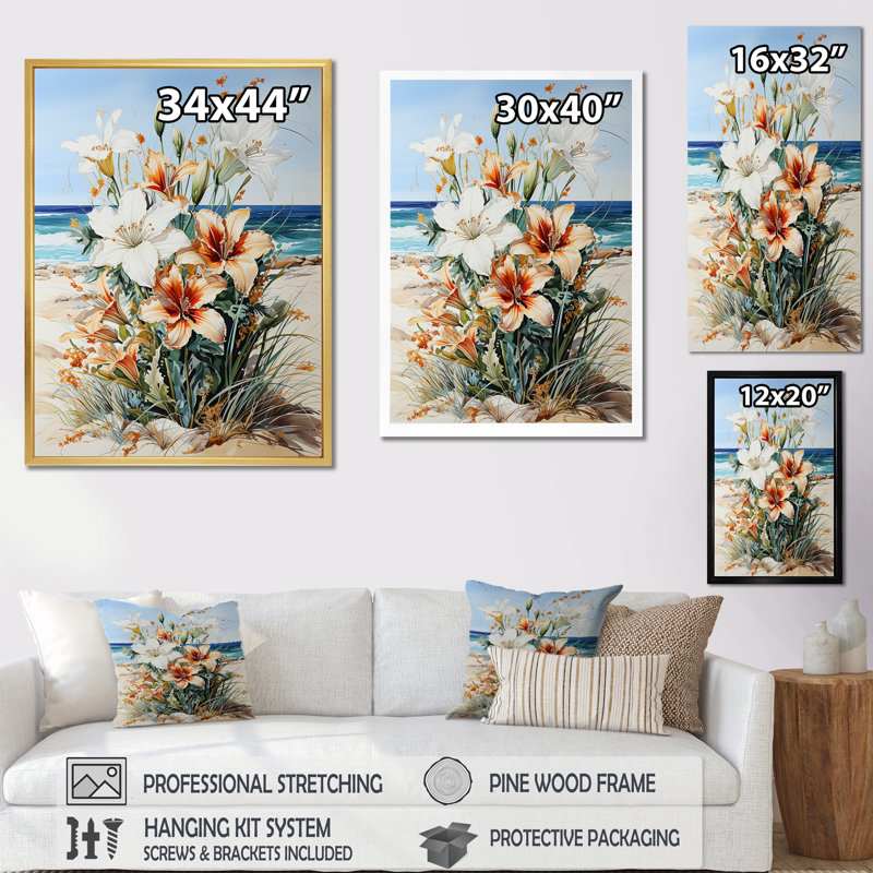 Fleurs saisonnières sur la plage sur toile, Toile tendue, H 20 po x l 12 po x P 1 po