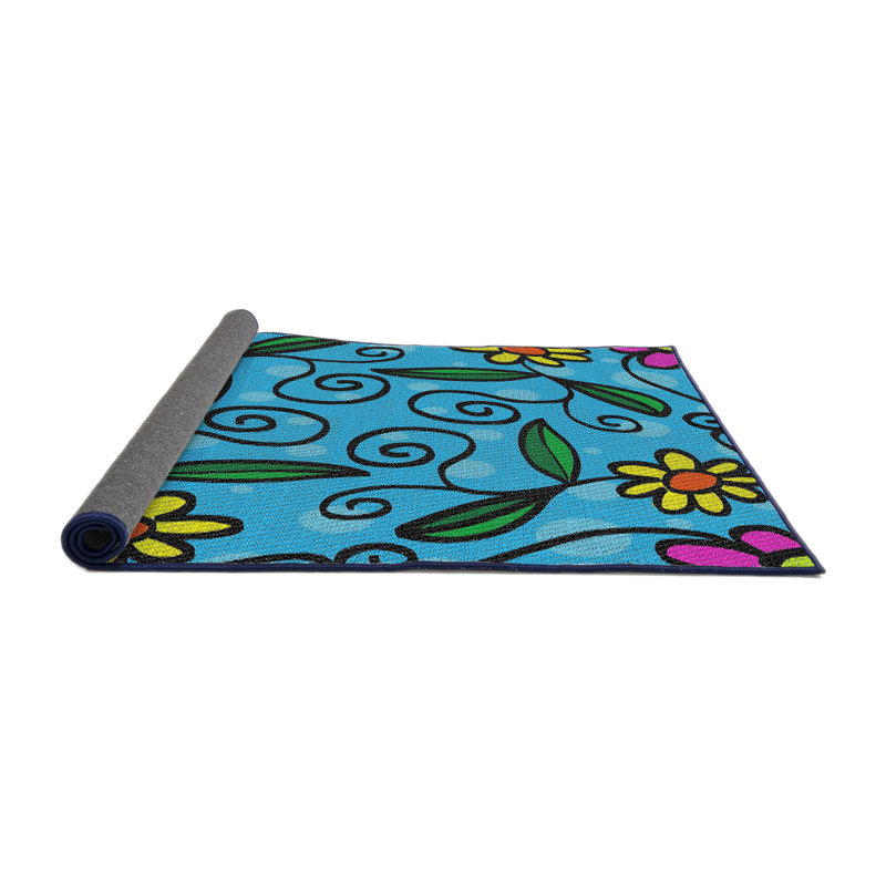 Tapis bleu à motif floral Nidhogg, Rond 7 pi