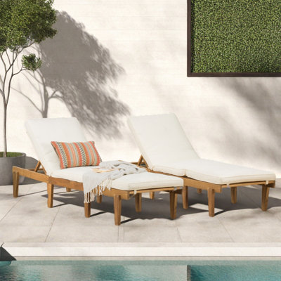 Eugenio 78.74" Long Reclining Acacia Chaise Lounge Set with Cushions by Beachcrest Home