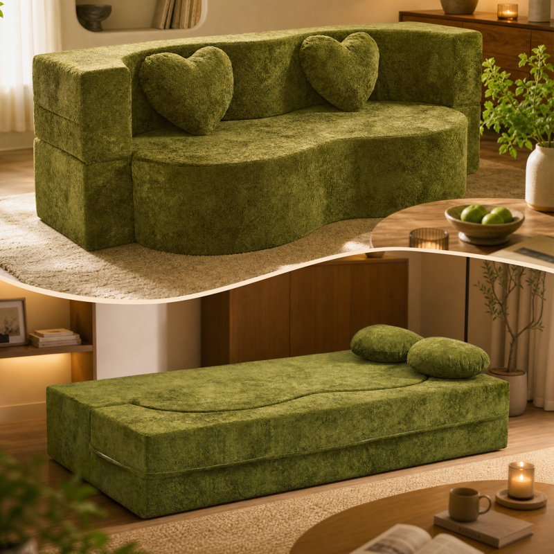 Canapé-lit convertible incurvé moderne, canapé-lit pliant 2 en 1 sans ossature avec 2 coussins en forme de cœur, matelas de sol en chenille pour salon, appartement et chambre d'amis