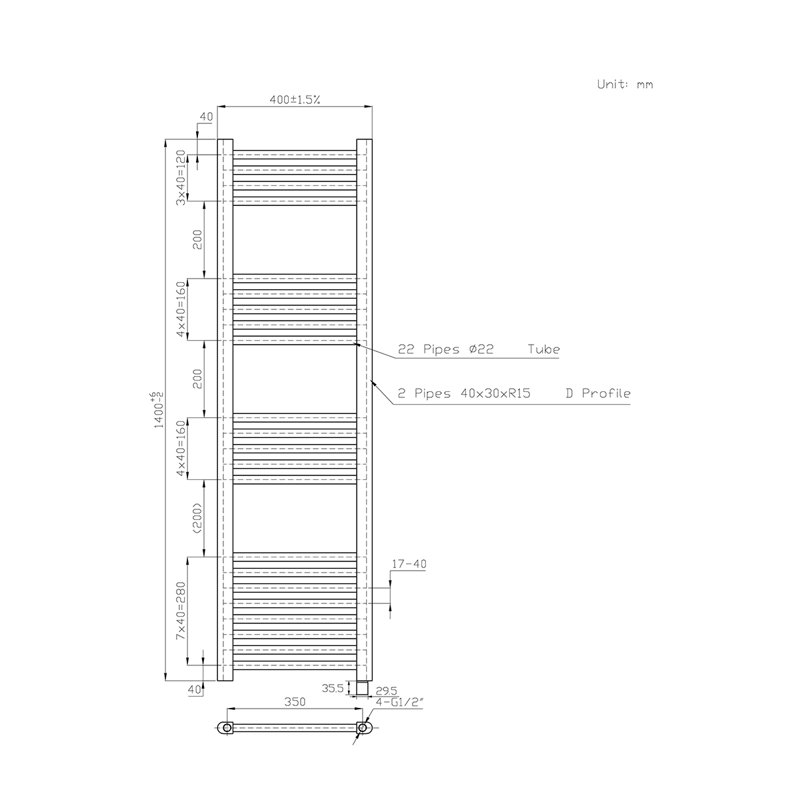 Straight Towel Rail Heated Towel Rails, 140 cm H x 40 cm W x 3 cm D, Anthracite