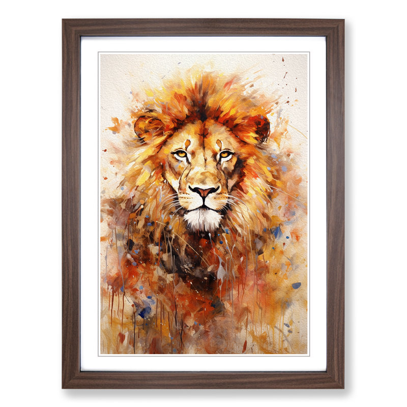 Lion Expressionism - Single Picture Frame Print on Wood, Walnut Framed, 46cm H x 34cm W x 2cm D