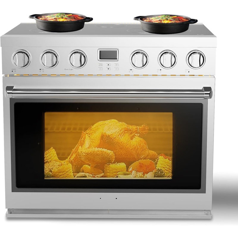 Cuisinière électrique 36 po avec 6 éléments chauffants et four à convection, capacité de 6 pieds cubes, acier inoxydable