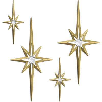 Set of 4 Gold Rhinestone Starburst 3D Metal Wall Sculpture, Two Sizes Hanging Wall Decor