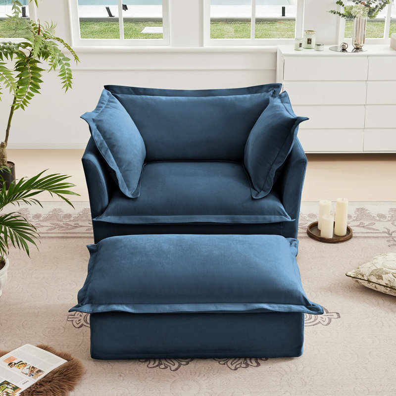 Fauteuil rembourré avec housse et repose-pieds, Chenille bleu