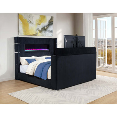 Contemporary Wingback Bed with Motorized TV Lift and Flame Visualizer