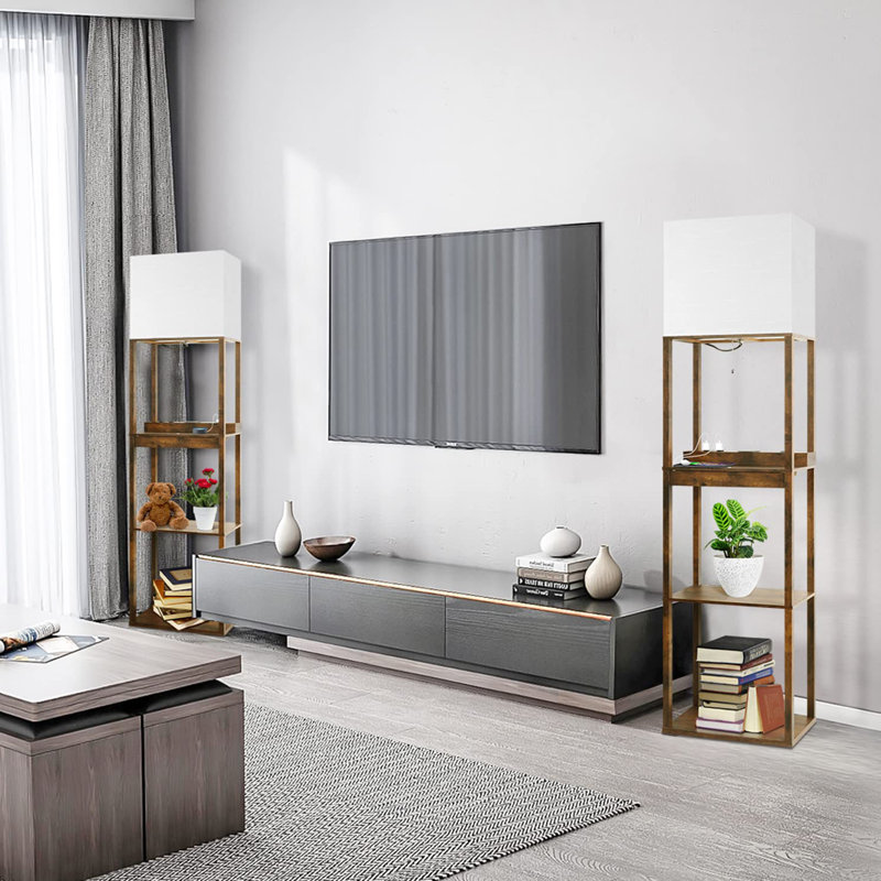 Floor Lamp With Shelves, Modern Standing Lamp With Wireless Charger, 1 Drawer And 2 Usb Ports & 2 Power Outlet, Brown