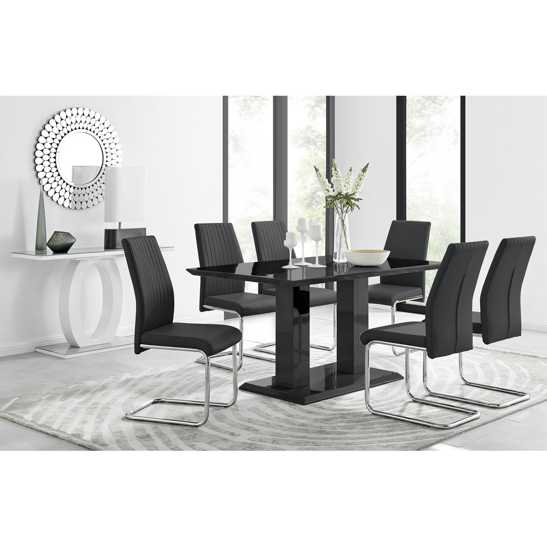 Edzard Double Pedestal High Gloss Dining Table Set with 6 Luxury Faux Leather Dining Chairs