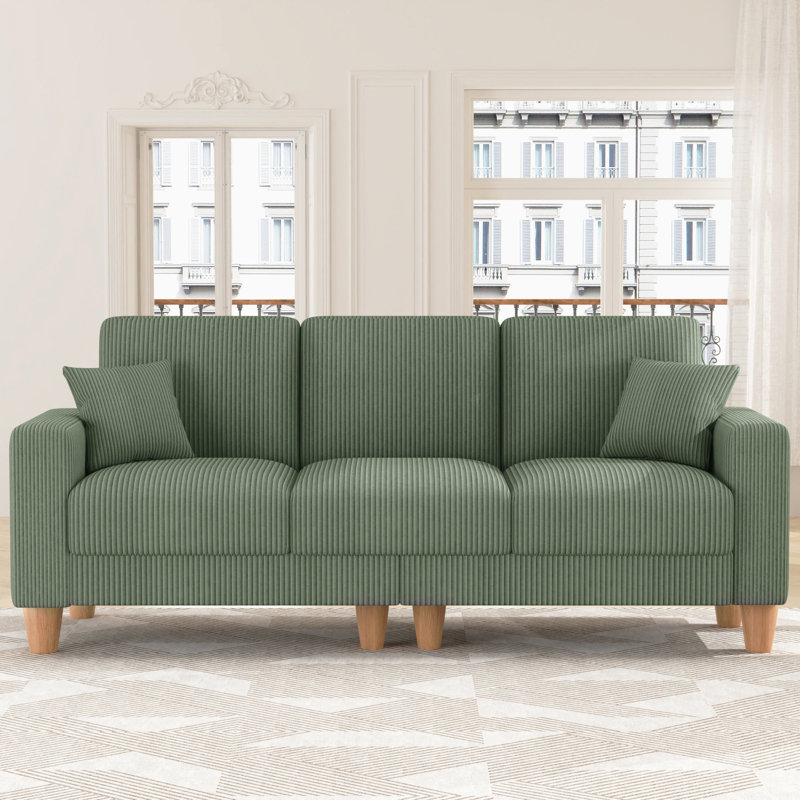 Oversize Sofa 256cm Corduroy Sofa with 3 Seats, No Tool Assembly,Solid Wood Frame and Solid Wood Legs, Green