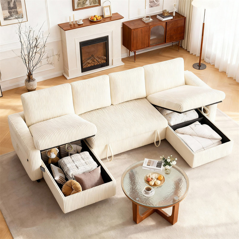 105" Pull Out Sofa Bed Sectional Sleeper Sofa With Storage,Pullout Modular Sectional Couches For Living Room, U Shaped Convertible Couch Bed For Apartment